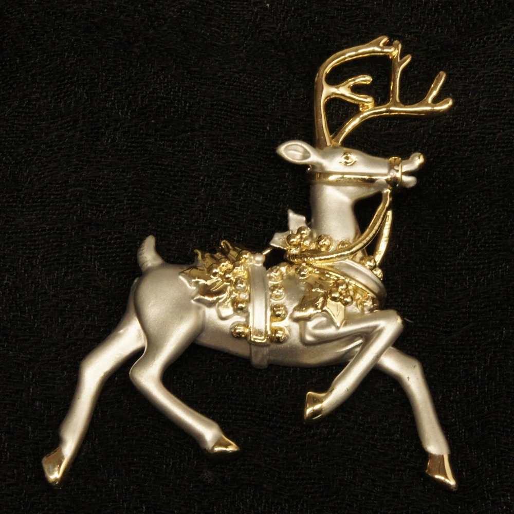 Reindeer Brooch Gold Silver Tone Leaping Stag Christmas Holiday Pin